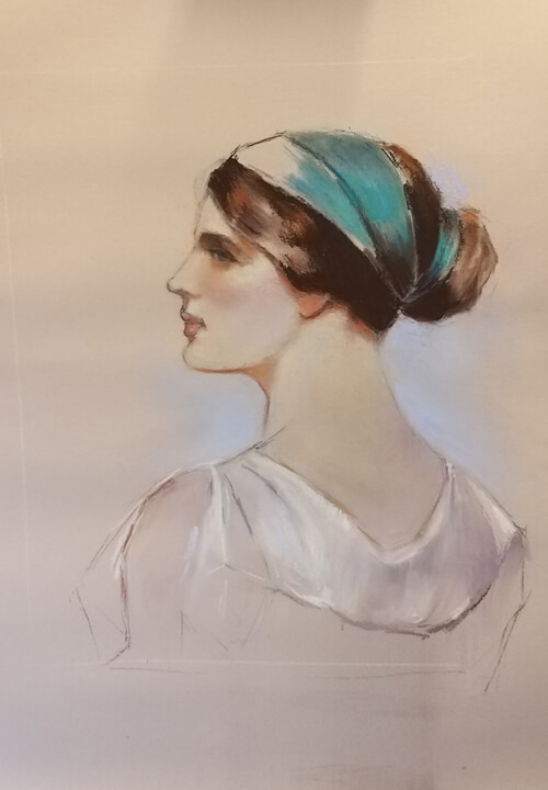 Woman with green scarf, Soft pastels on pastelmat